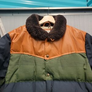 Penfield Tan and Olive Puffer Jacket with Black Collar